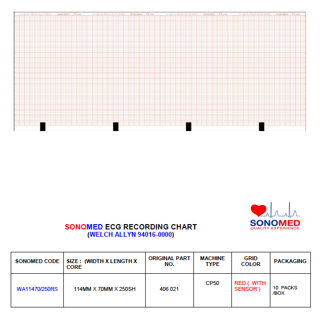 Papel para electrocardiografía marca sonomed modelo WA11470/250RS (marca welch allyn modelo CP50)