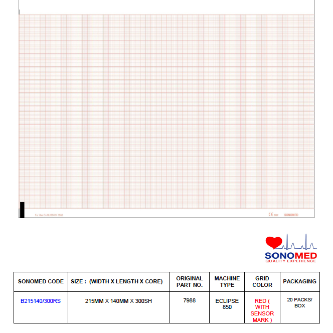 Papel para electrocardiografía marca sonomed modelo B215140/300RS