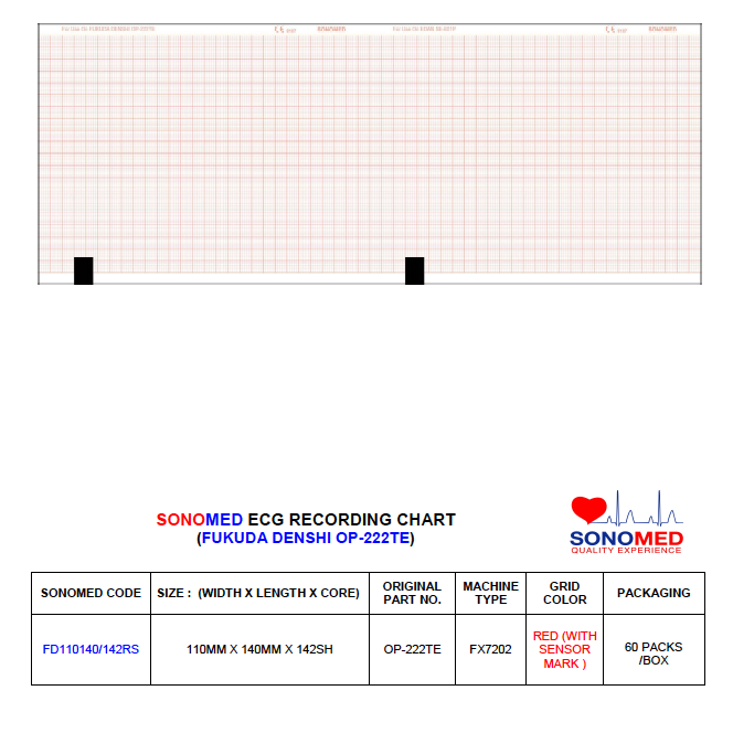 Papel para electrocardiografía marca sonomed modelo FD110140/142RS  (fukuda FX7202, edan  SE-601-B)