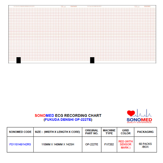 Papel para electrocardiografía marca sonomed modelo FD110140/142RS  (fukuda FX7202, edan  SE-601-B)
