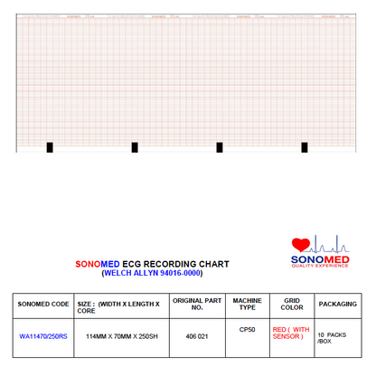 Papel para electrocardiografía marca sonomed modelo WA11470/250RS  (marca welch allyn modelo CP50)