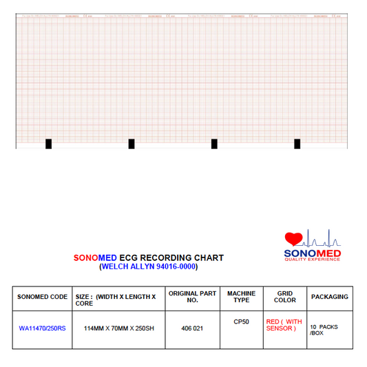 Papel para electrocardiografía marca sonomed modelo WA11470/250RS  (marca welch allyn modelo CP50)