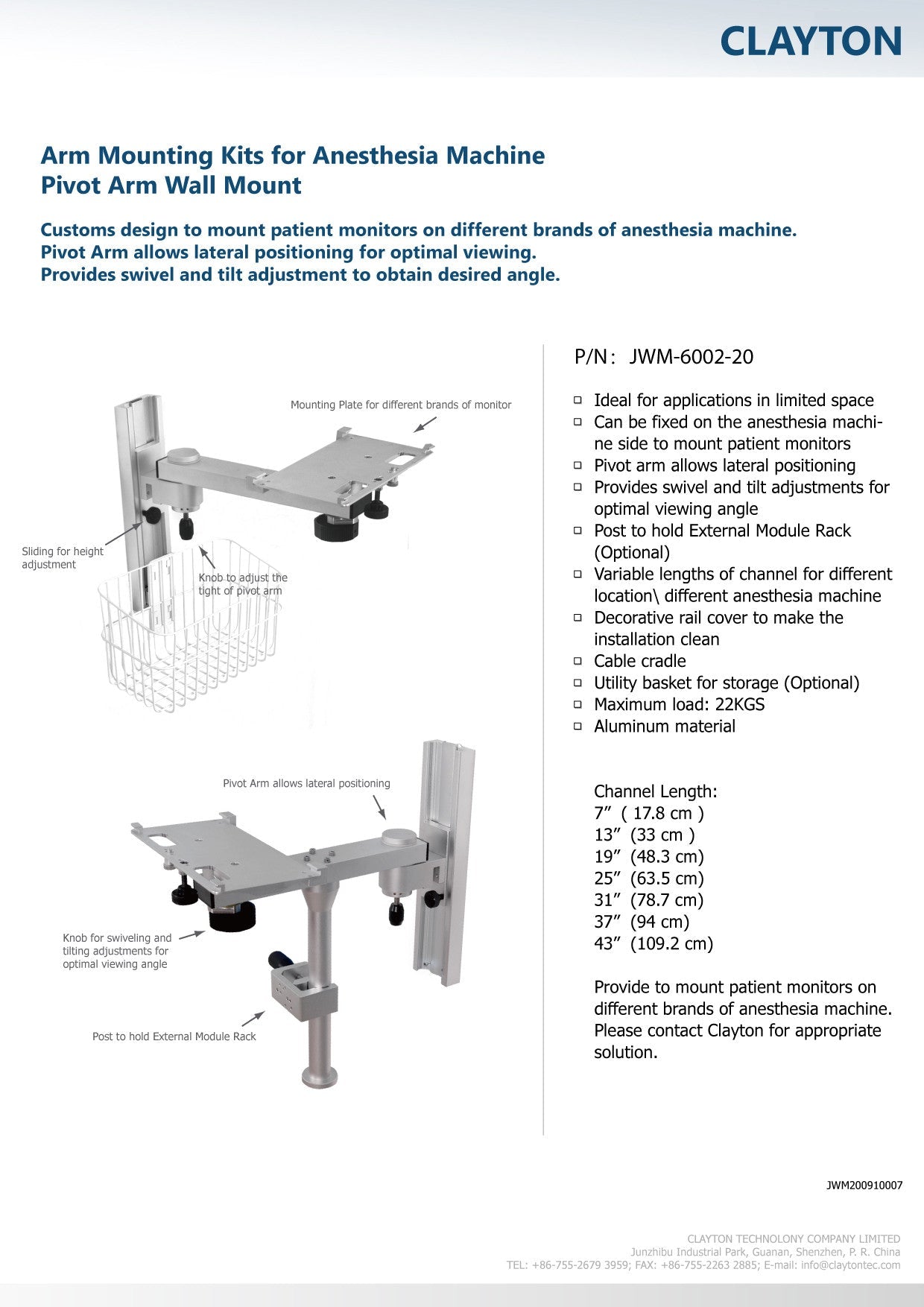 Soporte de monitor a pared con eje móvil marca Clayton modelo jwm-6002-20 - ORTO-PAC, SILLAS DE RUEDAS, CAMAS HOSPITALARIAS, ORTOPEDIA BLANDA, CUNA PEDIATRICA, CARROS ROJOS, RODILLERAS, TOBILLERAS, CAMILLAS DE TRASLADO, CAMILLAS DE EMERGENCIA, PAPEL PARA EQUIPO MEDICO