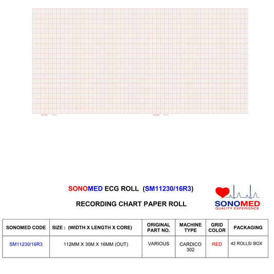 Papel para electrocardiografía marca sonomed modelo SM11230/16R3 (kenz cardico 302)