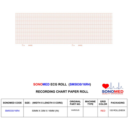 Papel para electrocardiografía marca sonomed modelo SM5020/16R4